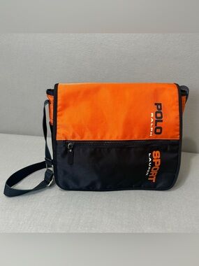 Vtg Polo Ralph Lauren Sport Orange Blue Messenger Crossbody Bag Zip Pocket Y2K